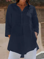 Lapel Neck 3/4 Sleeve Casual Loose Button Blouse