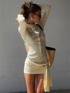 Lapel Pleated See-Through Mini Dress
