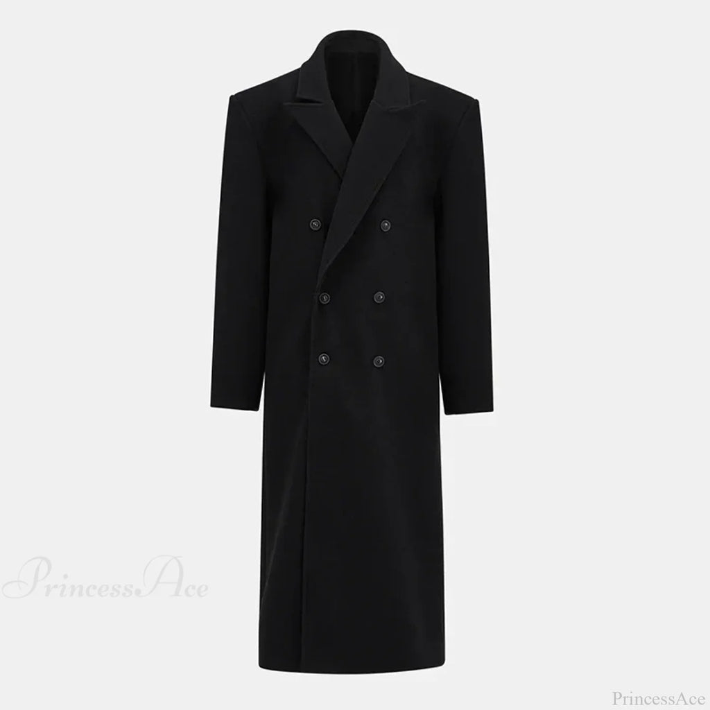 Lapel Woolen Double-Breasted Shoulder Pad Overcoat