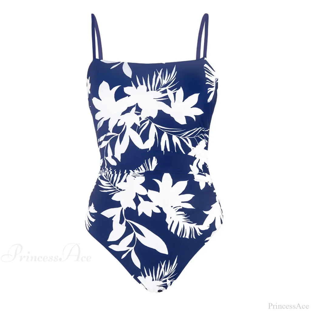Leaf Print Shirred Square Neck One Piece Set