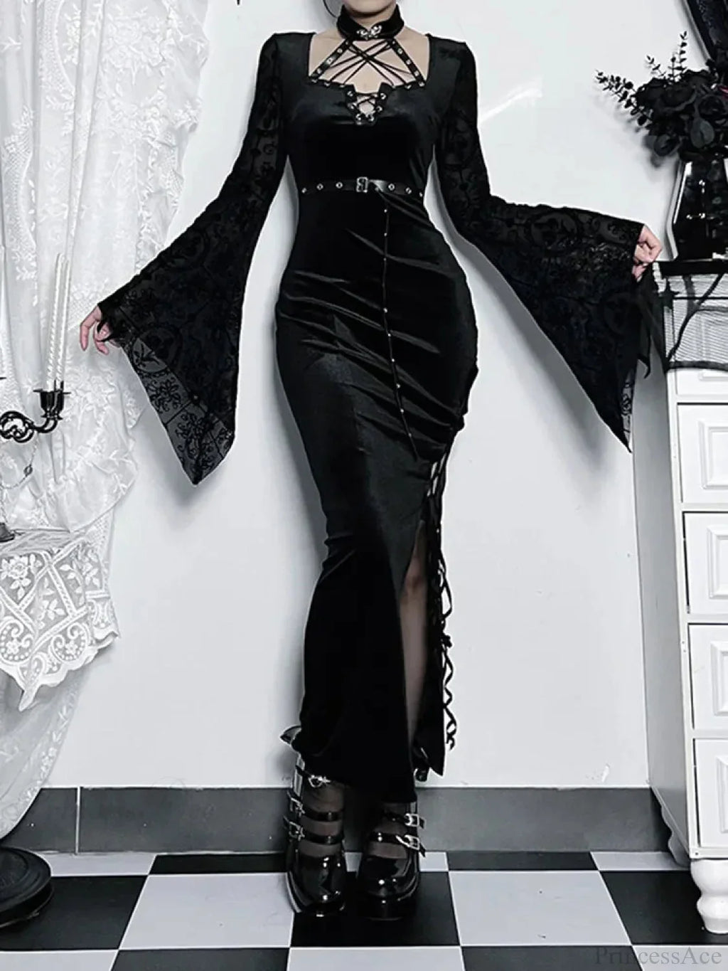 Leather Cord Sleeve Tall Waist Full-Length Dress