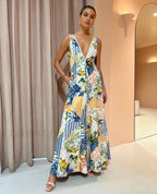 Multicolor Lemonade Print Lace Trim Long Dress