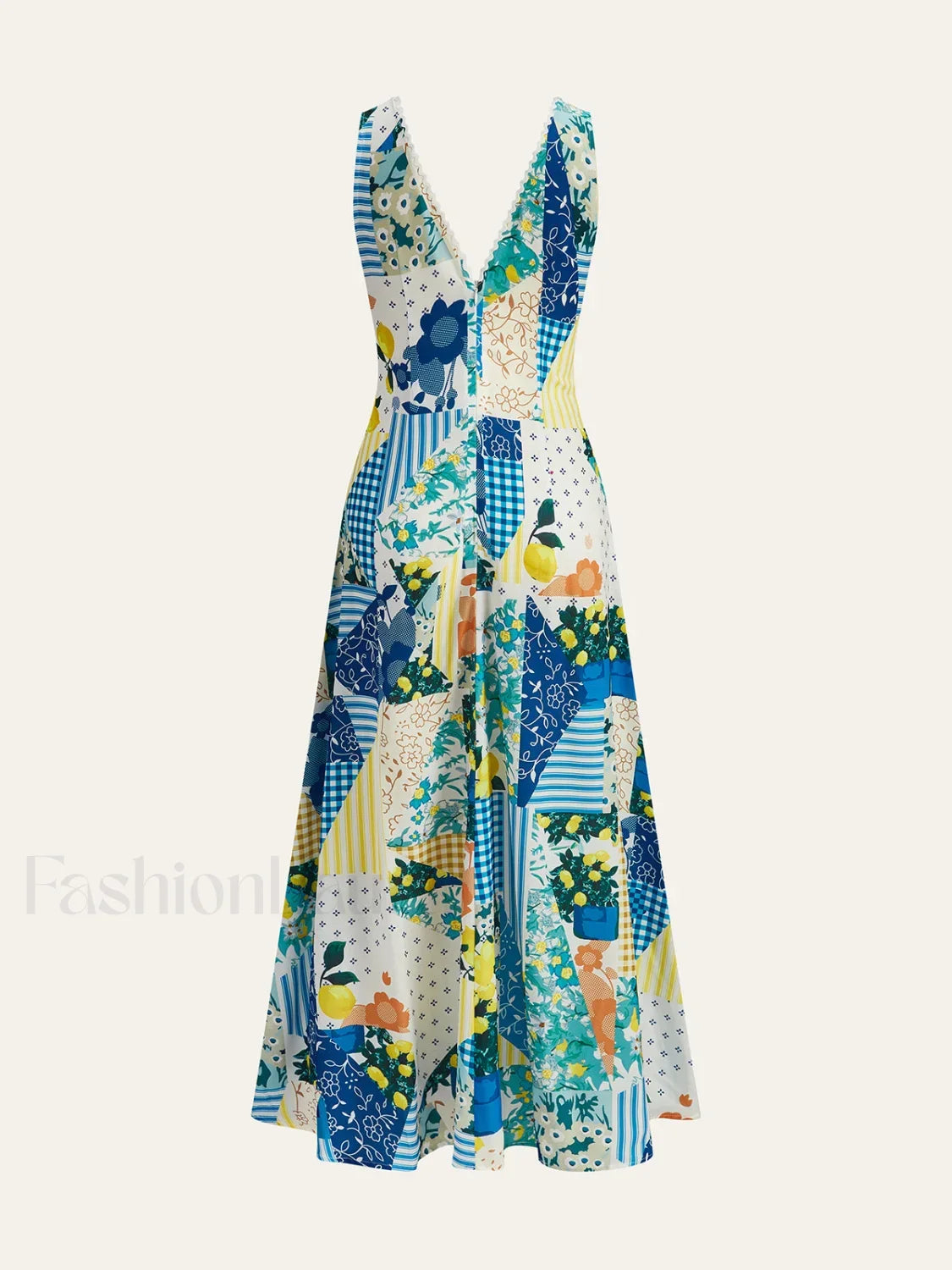 Multicolor Lemonade Print Lace Trim Long Dress