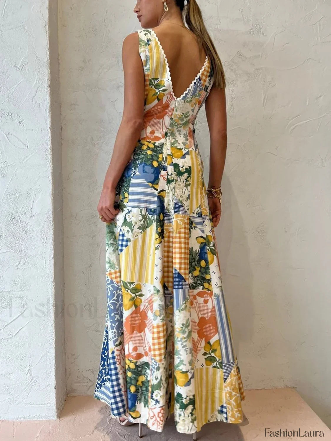 Multicolor Lemonade Print Lace Trim Long Dress
