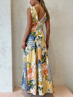 Multicolor Lemonade Print Lace Trim Long Dress