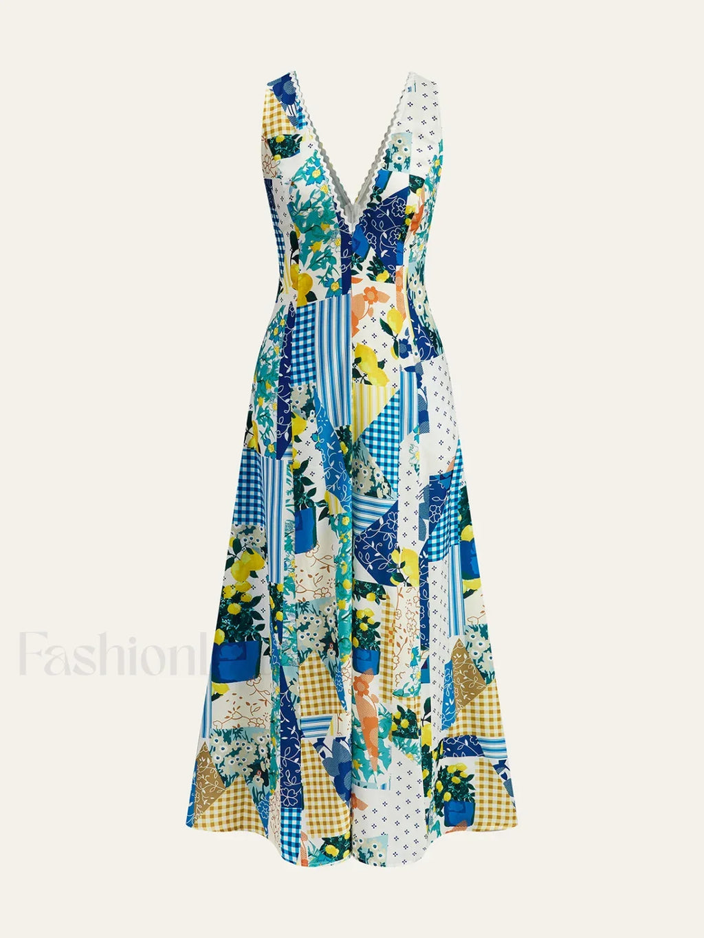 Multicolor Lemonade Print Lace Trim Long Dress