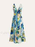Multicolor Lemonade Print Lace Trim Long Dress