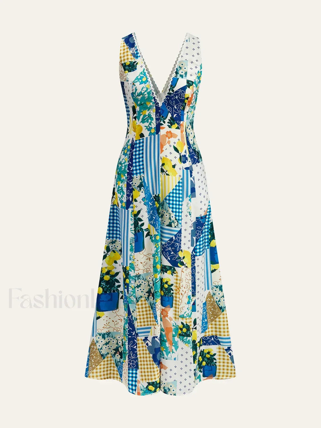 Multicolor Lemonade Print Lace Trim Long Dress
