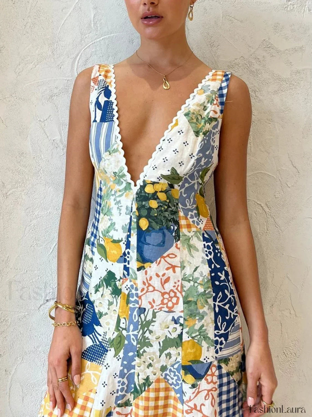 Multicolor Lemonade Print Lace Trim Long Dress