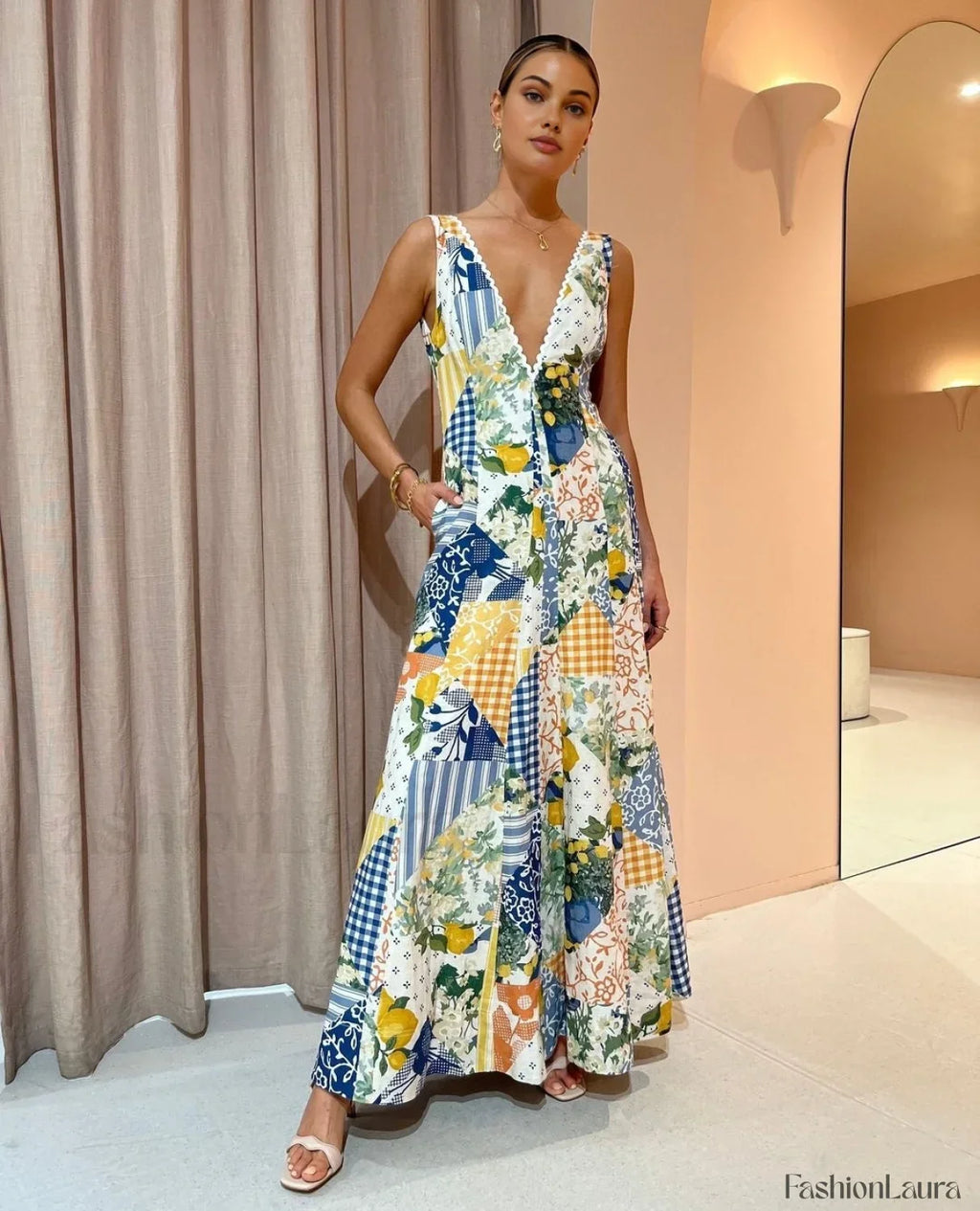 Multicolor Lemonade Print Lace Trim Long Dress
