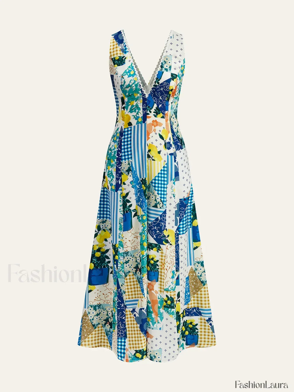 Multicolor Lemonade Print Lace Trim Long Dress