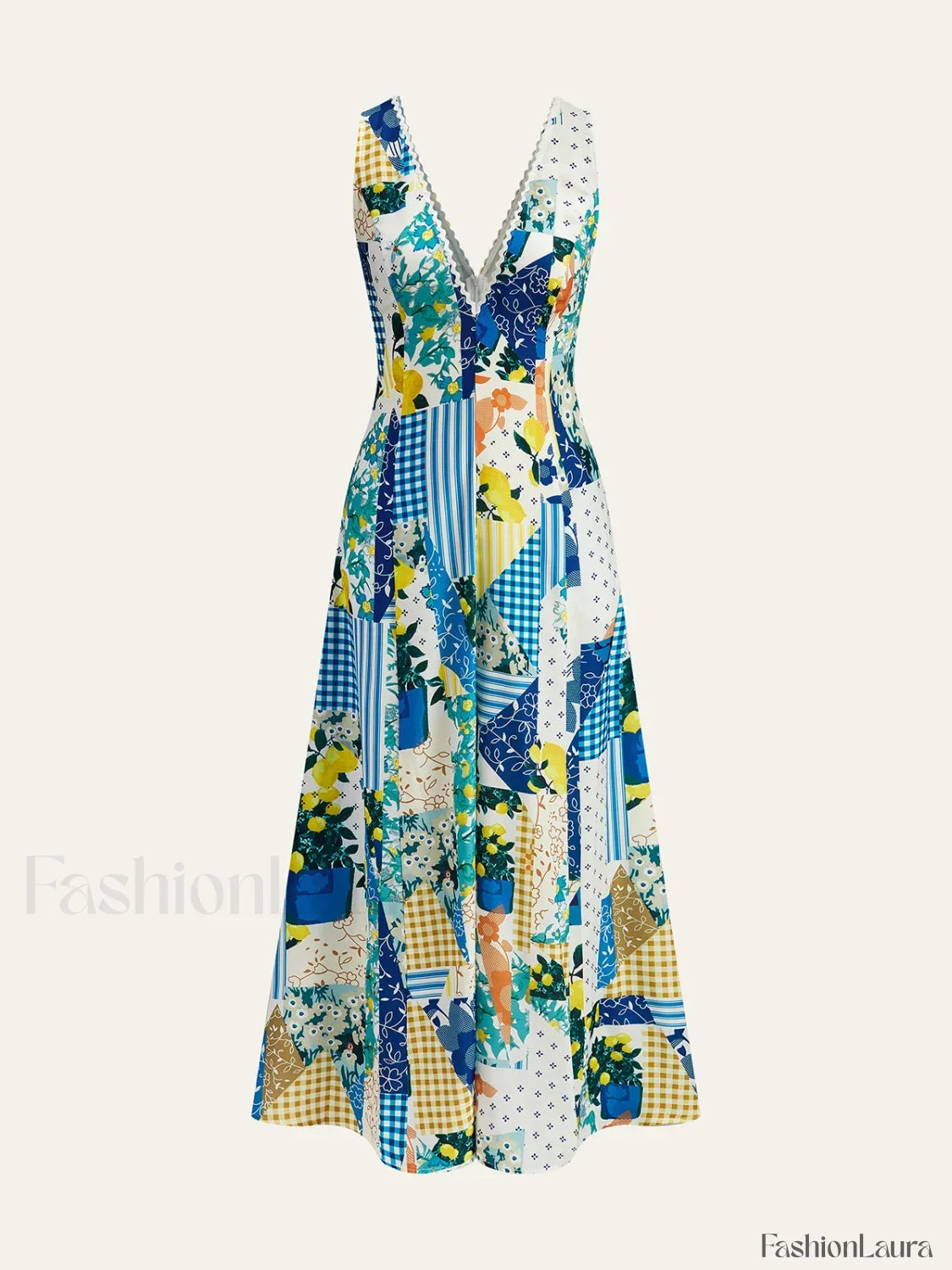 Multicolor Lemonade Print Lace Trim Long Dress