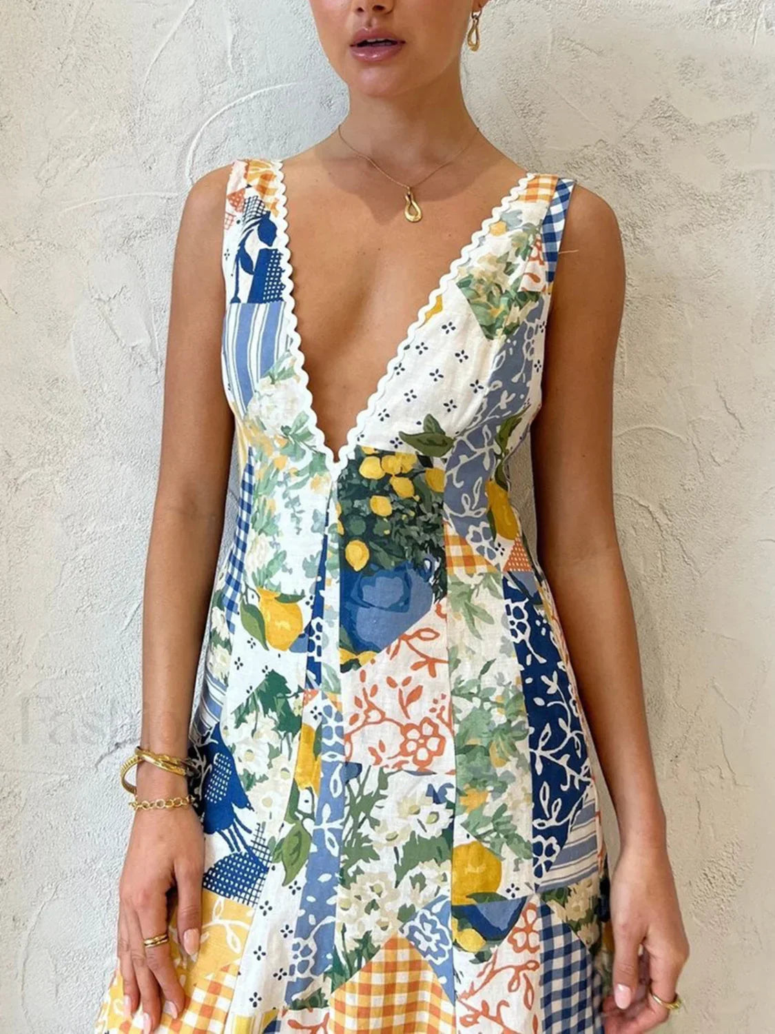 Multicolor Lemonade Print Lace Trim Long Dress