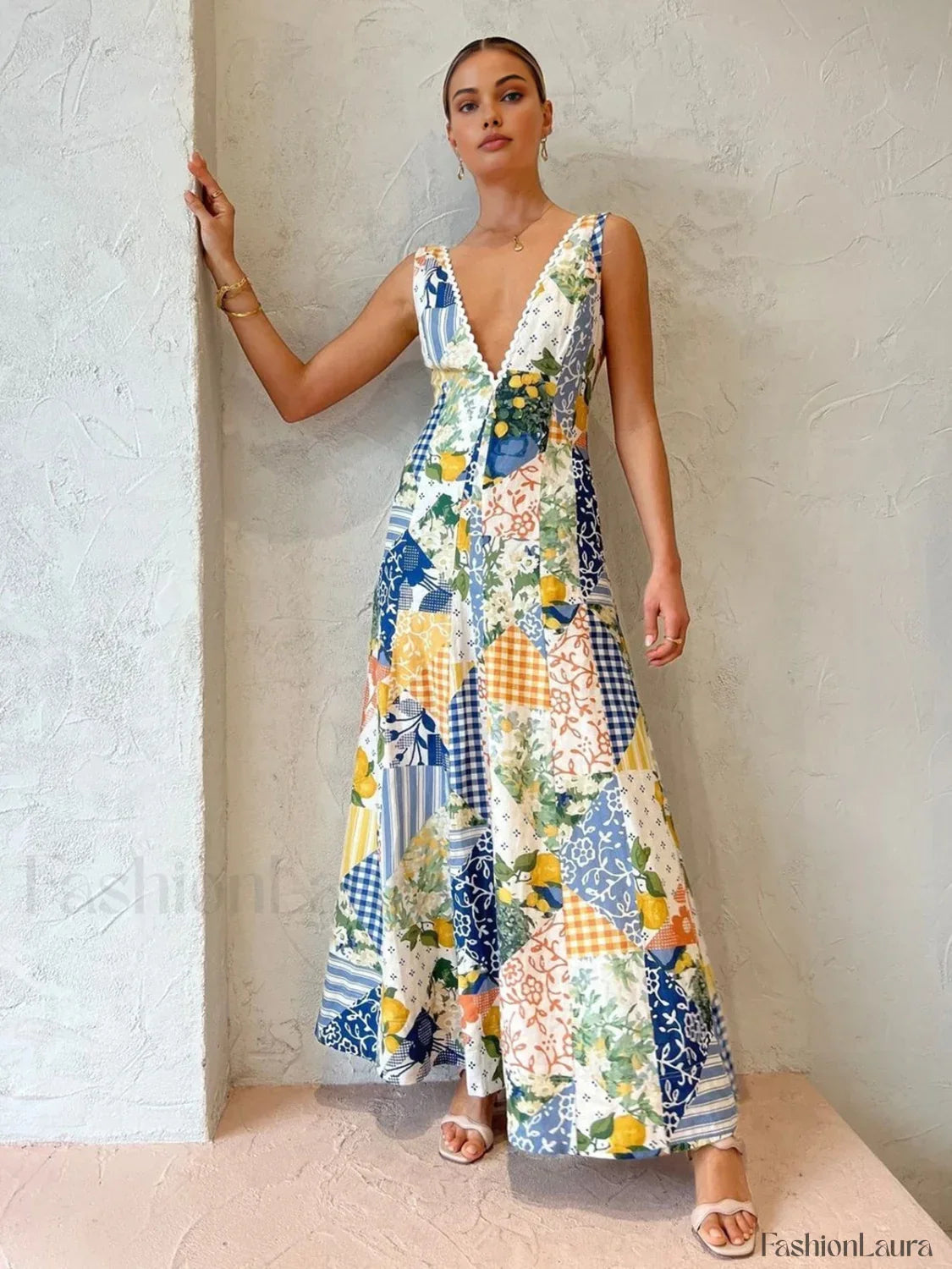 Multicolor Lemonade Print Lace Trim Long Dress
