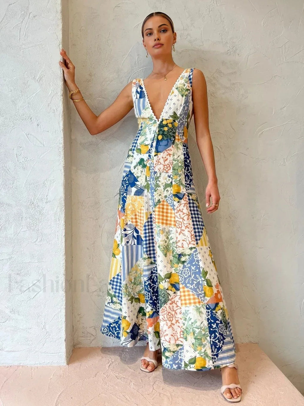 Multicolor Lemonade Print Lace Trim Long Dress