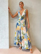 Multicolor Lemonade Print Lace Trim Long Dress