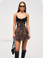Print Lace Trim Sweetheart Tie Front Tiered Ruffle Mini Dress