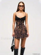 Print Lace Trim Sweetheart Tie Front Tiered Ruffle Mini Dress