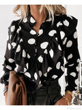 Leopard Dot Print Ruffle V Neck Blouse