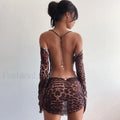 Brown Mesh Tie-up Mini Dress