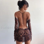 Brown Mesh Tie-up Mini Dress