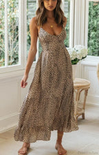 Leopard Print Strapless Sexy V-neck Beach Holiday Maxi Boho Dress