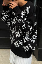 Letter Color Block Long Sleeve Knit Sweater