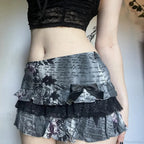 Letter Floral Print Ruffle Skirt