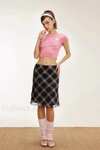 Lettuce-Edge Mesh Plaid Skirt