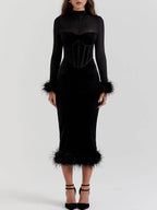 Mock Neck Mesh Sleeve Corset Panel Velvet Feather Trim Midi Dress