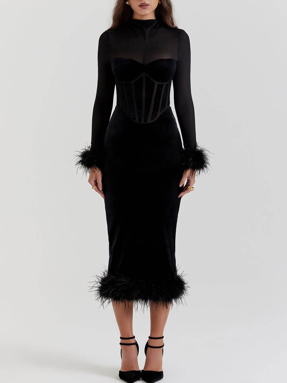 Mock Neck Mesh Sleeve Corset Panel Velvet Feather Trim Midi Dress