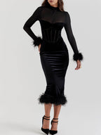 Mock Neck Mesh Sleeve Corset Panel Velvet Feather Trim Midi Dress