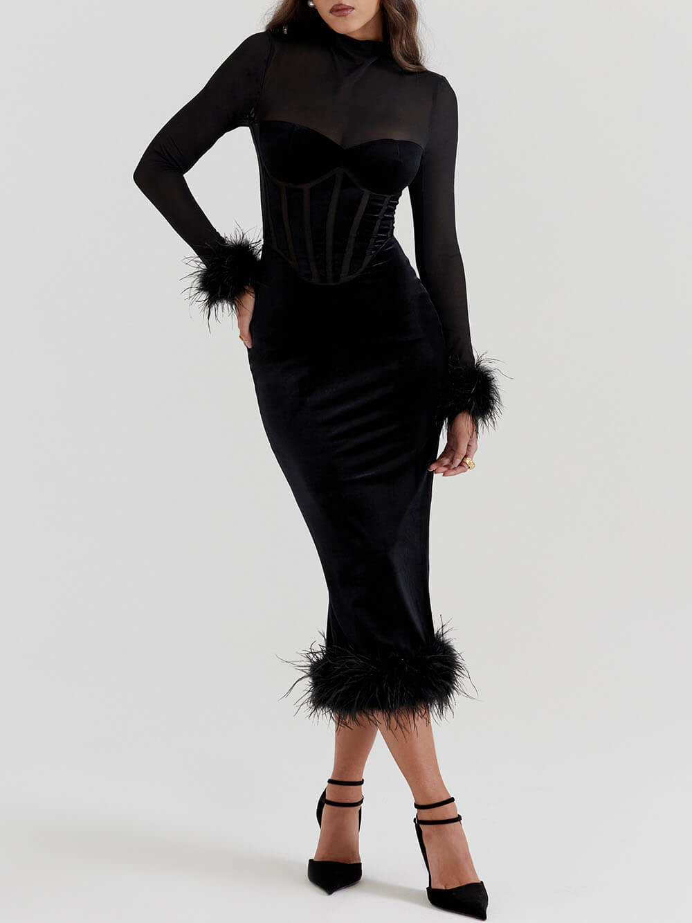 Mock Neck Mesh Sleeve Corset Panel Velvet Feather Trim Midi Dress