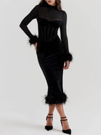 Mock Neck Mesh Sleeve Corset Panel Velvet Feather Trim Midi Dress