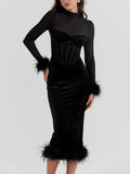 Mock Neck Mesh Sleeve Corset Panel Velvet Feather Trim Midi Dress