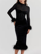 Mock Neck Mesh Sleeve Corset Panel Velvet Feather Trim Midi Dress