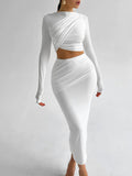 Liber Autumn Women's Navel Solid Color 2-piece Sets