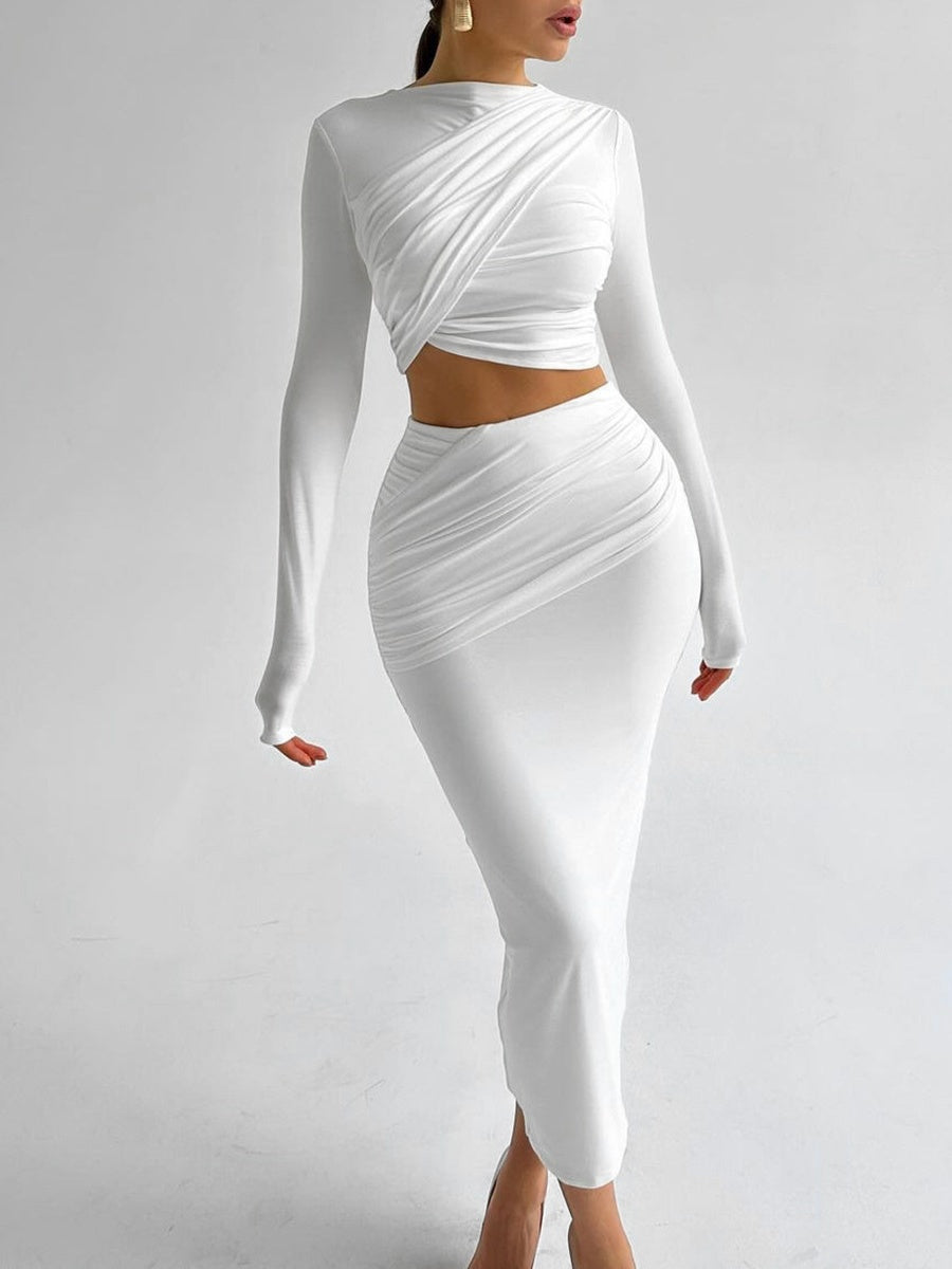 Liber Autumn Women's Navel Solid Color 2-piece Sets