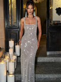 Square Neck Sequin Mesh Bodycon Maxi Gown