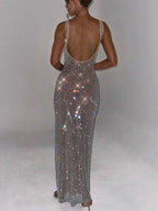 Square Neck Sequin Mesh Bodycon Maxi Gown