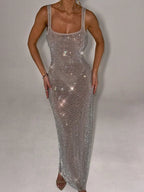 Square Neck Sequin Mesh Bodycon Maxi Gown