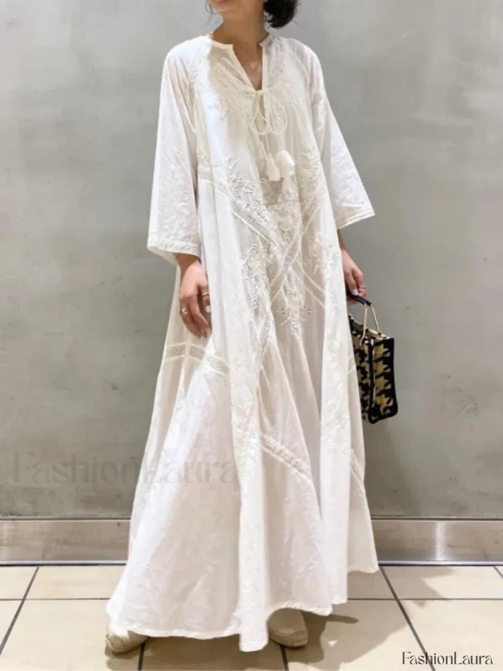 White Linen Lace-up Dress