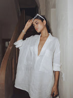 Linen Pockets Semi-Sheer Long Sleeve Dress