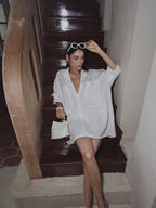 Linen Pockets Semi-Sheer Long Sleeve Dress