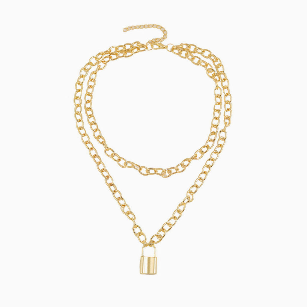 Gold Layered Chain-Link Necklace with Modern Lock Pendant