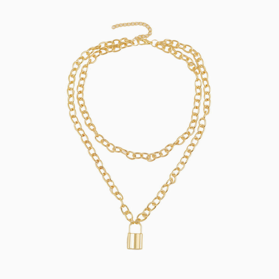 Gold Layered Chain-Link Necklace with Modern Lock Pendant