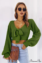 Long Cropped V-Neck Arm Sweater
