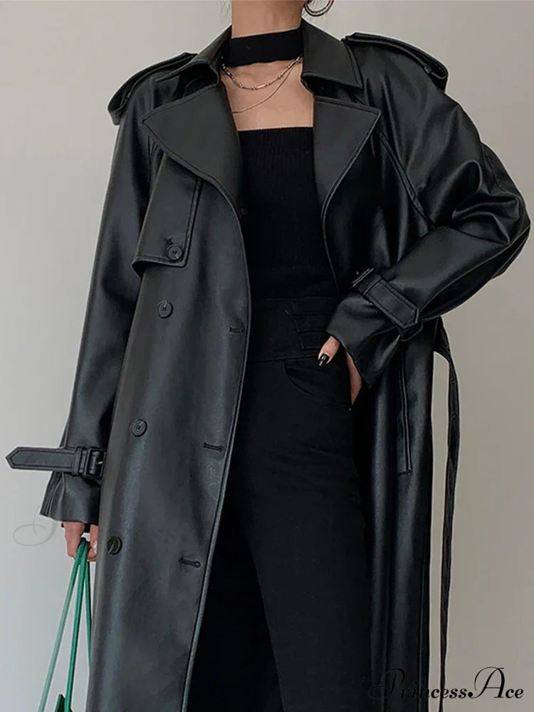 Long Gray Pu Leather Raglan Sleeve Belt Runway Luxury Designer European Fashion Stylish Coat