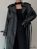 Long Gray Pu Leather Raglan Sleeve Belt Runway Luxury Designer European Fashion Stylish Coat