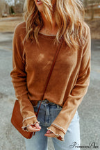 Long Round Arm Neck Brown Textured Top